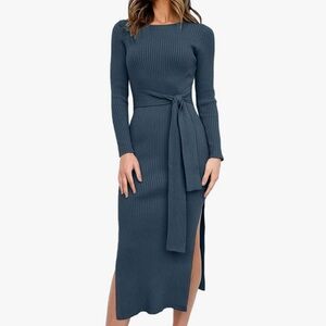 Anrabess Long Sleeve Midi Sweater Dress with tie waist